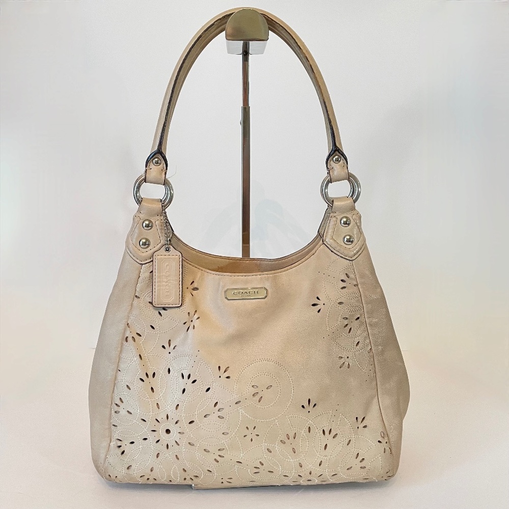 Coach Ashley Tossed Lasercut Beige Leather Shoulder Hand Bag